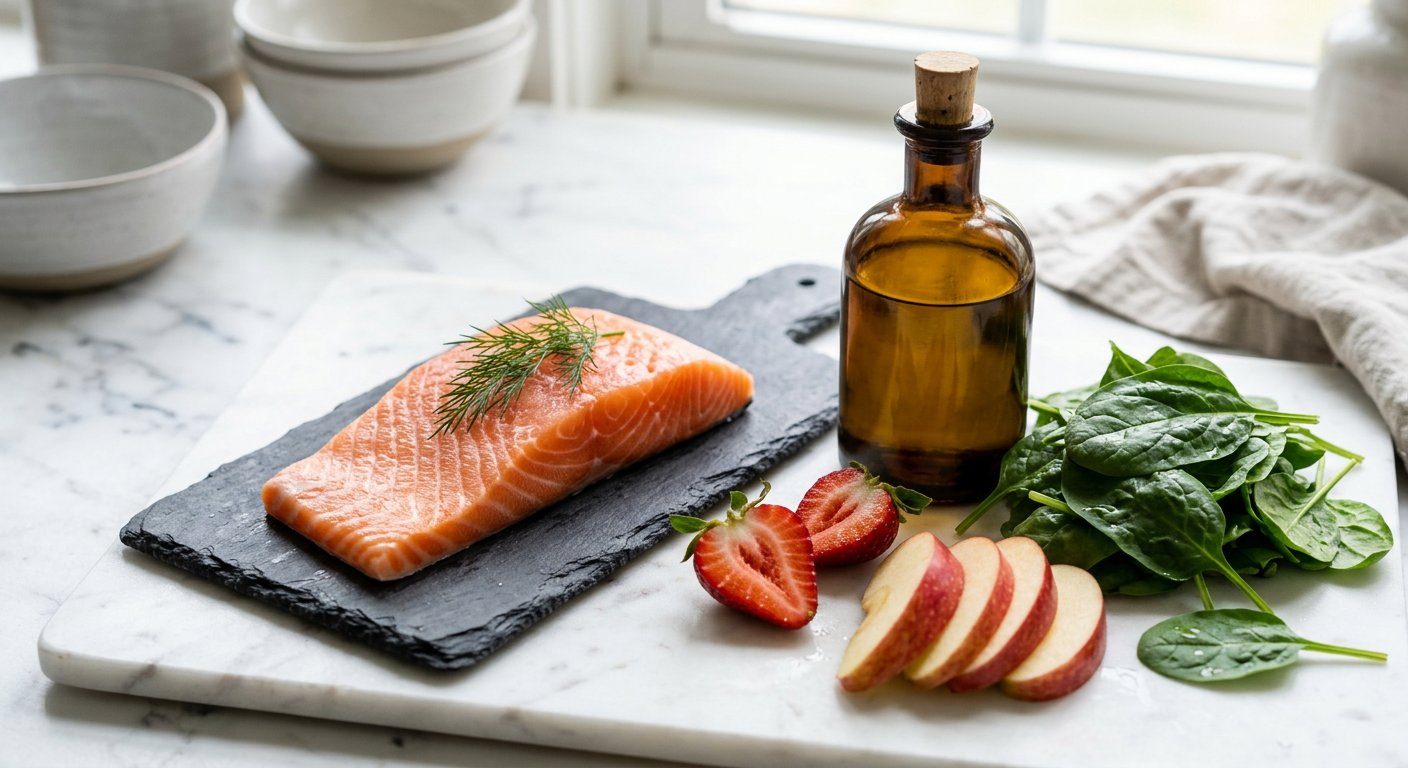 Salmon fillet, strawberries, spinach and an apple arranged on a marble surface